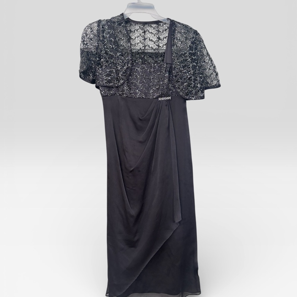 R&M Richards Black Lace Overlay Wedding Dress